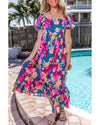 Dark Blue Square Neck Bubble Sleeve Ruffled Floral Dress - L