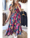 Dark Blue Square Neck Bubble Sleeve Ruffled Floral Dress - L