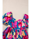 Dark Blue Square Neck Bubble Sleeve Ruffled Floral Dress - L