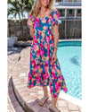 Dark Blue Square Neck Bubble Sleeve Ruffled Floral Dress - L