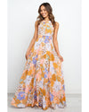 Orange Boho Floral Backless Lace up Sleeveless Maxi Dress - L