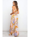 Orange Boho Floral Backless Lace up Sleeveless Maxi Dress - L