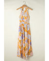 Orange Boho Floral Backless Lace up Sleeveless Maxi Dress - L