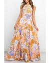 Orange Boho Floral Backless Lace up Sleeveless Maxi Dress - L