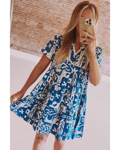 Blue Ricrac Trim Split Neck Floral Loose Dress - M