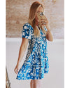 Blue Ricrac Trim Split Neck Floral Loose Dress - M