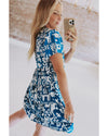 Blue Ricrac Trim Split Neck Floral Loose Dress - M