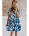 Blue Ricrac Trim Split Neck Floral Loose Dress - XL