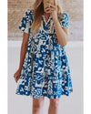 Blue Ricrac Trim Split Neck Floral Loose Dress - XL