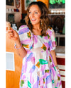 Purple Abstract Print Puff Sleeve Smocked Back Midi Dress - L