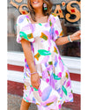 Purple Abstract Print Puff Sleeve Smocked Back Midi Dress - L