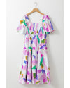 Purple Abstract Print Puff Sleeve Smocked Back Midi Dress - L