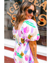 Purple Abstract Print Puff Sleeve Smocked Back Midi Dress - L