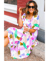 Purple Abstract Print Puff Sleeve Smocked Back Midi Dress - L