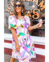 Purple Abstract Print Puff Sleeve Smocked Back Midi Dress - L