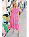Strawberry Pink Asymmetric Puff Sleeve Smocked Bodice Tiered Midi Dress - L