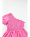 Strawberry Pink Asymmetric Puff Sleeve Smocked Bodice Tiered Midi Dress - L