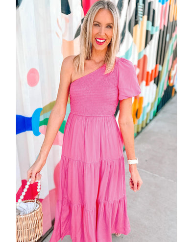 Strawberry Pink Asymmetric Puff Sleeve Smocked Bodice Tiered Midi Dress - XL