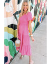 Strawberry Pink Asymmetric Puff Sleeve Smocked Bodice Tiered Midi Dress - XL