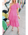 Strawberry Pink Asymmetric Puff Sleeve Smocked Bodice Tiered Midi Dress - XL