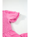 Strawberry Pink Asymmetric Puff Sleeve Smocked Bodice Tiered Midi Dress - XL