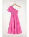 Strawberry Pink Asymmetric Puff Sleeve Smocked Bodice Tiered Midi Dress - XL