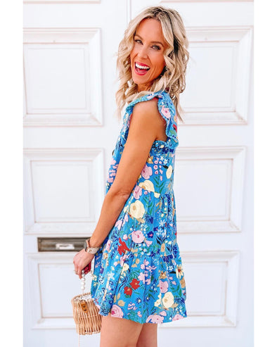 Sky Blue Floral Flutter Sleeve V Neck Ruffled Dress - L