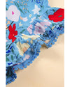 Sky Blue Floral Flutter Sleeve V Neck Ruffled Dress - S