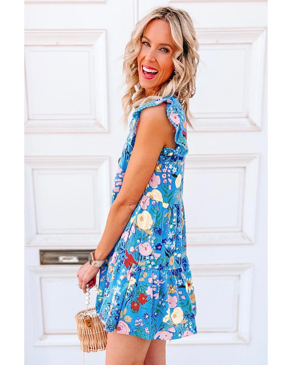 Sky Blue Floral Flutter Sleeve V Neck Ruffled Dress - XL