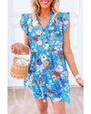 Sky Blue Floral Flutter Sleeve V Neck Ruffled Dress - XL