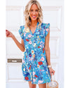 Sky Blue Floral Flutter Sleeve V Neck Ruffled Dress - XL