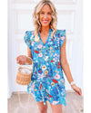 Sky Blue Floral Flutter Sleeve V Neck Ruffled Dress - XL