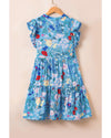 Sky Blue Floral Flutter Sleeve V Neck Ruffled Dress - XL
