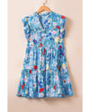 Sky Blue Floral Flutter Sleeve V Neck Ruffled Dress - XL