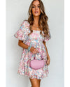 Pink Floral Puff Sleeve Square Neck Smock Ruffled Dress - M