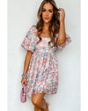 Pink Floral Puff Sleeve Square Neck Smock Ruffled Dress - M