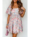 Pink Floral Puff Sleeve Square Neck Smock Ruffled Dress - M