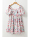 Pink Floral Puff Sleeve Square Neck Smock Ruffled Dress - M