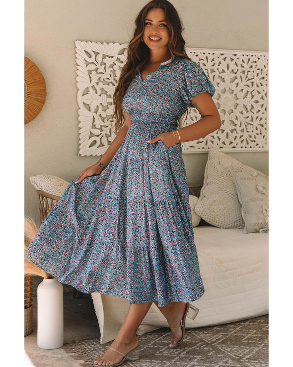 Blue Printed V Neck Shirred Short Puff Sleeve Maxi Dress - L