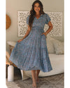 Blue Printed V Neck Shirred Short Puff Sleeve Maxi Dress - L