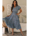 Blue Printed V Neck Shirred Short Puff Sleeve Maxi Dress - L