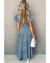 Blue Printed V Neck Shirred Short Puff Sleeve Maxi Dress - L