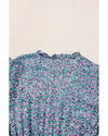 Blue Printed V Neck Shirred Short Puff Sleeve Maxi Dress - L