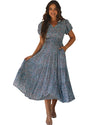 Blue Printed V Neck Shirred Short Puff Sleeve Maxi Dress - L