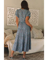 Blue Printed V Neck Shirred Short Puff Sleeve Maxi Dress - L