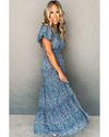 Blue Printed V Neck Shirred Short Puff Sleeve Maxi Dress - S