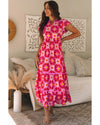 Strawberry Pink Geo Print V-neck Maxi Dress - M