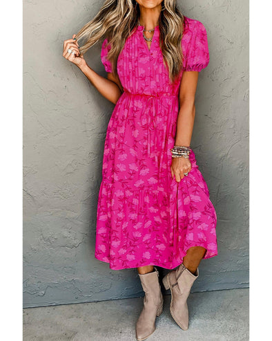 Rose Red Floral Print Pleated Drawstring Flowy Midi Dress - L