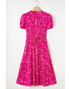 Rose Red Floral Print Pleated Drawstring Flowy Midi Dress - M