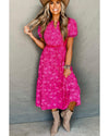 Rose Red Floral Print Pleated Drawstring Flowy Midi Dress - M